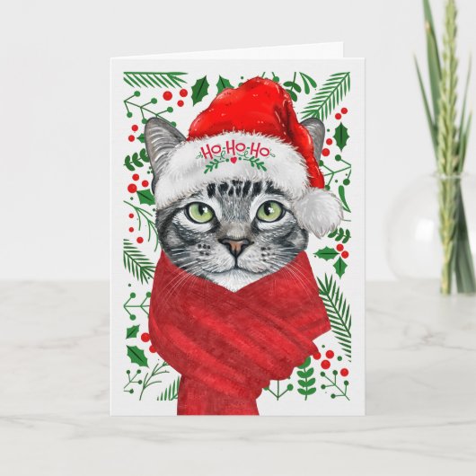 Silver Tabby Cat in Santa Hat Meowy Kerstmis Feestdagen Kaart (Voorkant)
