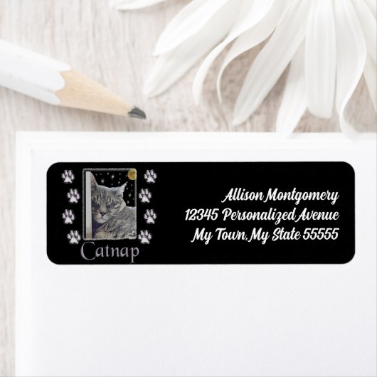 Silver Tabby Cat Lover Catnap Art Address Etiket (Insitu)