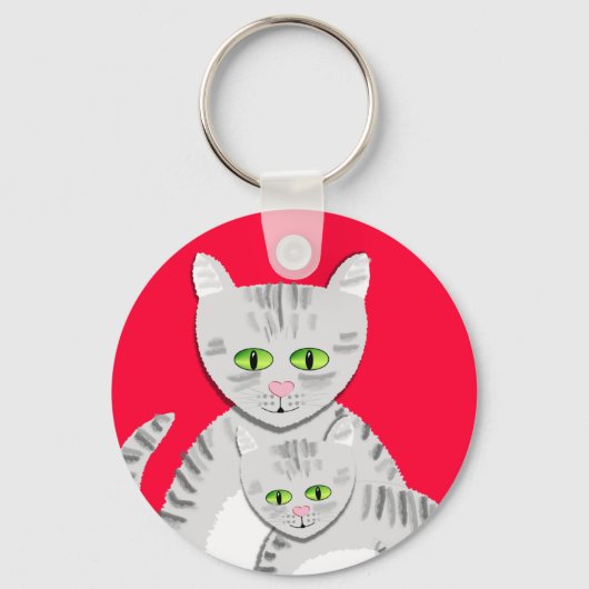 Silver Tabby Moederkat en Kitten Sleutelhanger (Voorkant)
