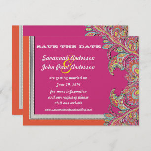 Silver Tangerine & Fuchsia Wedding Save the Date Kaart