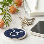 Silver Taurus Zodiac Sign Blue Carbon Fiber Print Sleutelhanger (Zijkant)