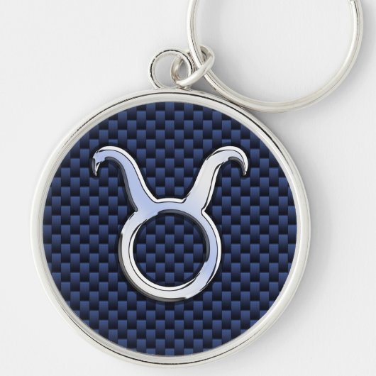 Silver Taurus Zodiac Sign Blue Carbon Fiber Print Sleutelhanger (Voorkant)
