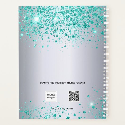Silver teal glitter name monogram 2026 planner (Achterkant)
