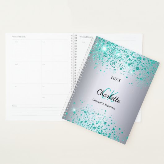 Silver teal glitter name monogram 2026 planner (Display)
