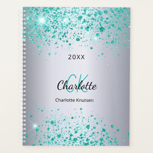 Silver teal glitter name monogram 2026 planner (Voorkant)