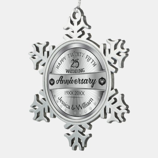 Silver & Text Design 25e bruiloft Jubileum Tin Sneeuwvlok Ornament (Rechts)