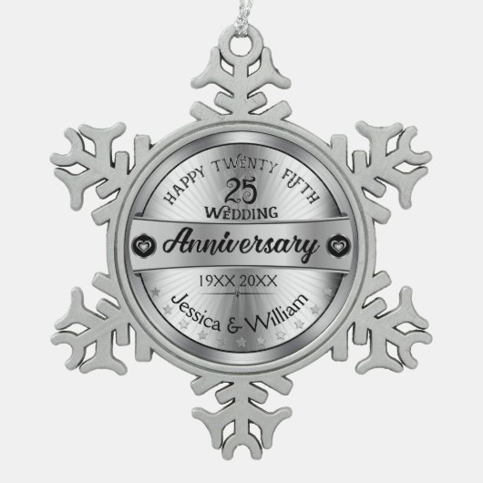 Silver & Text Design 25e bruiloft Jubileum Tin Sneeuwvlok Ornament (Voorkant)