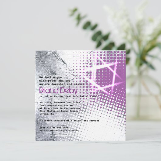SILVER TEXTURE STAR Bar Bat Mitzvah Uitnodiging (Staand voorkant)