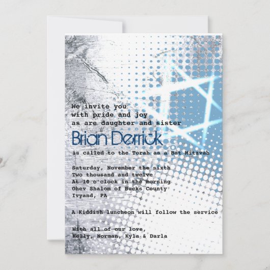 SILVER TEXTURE STAR Bar Bat Mitzvah Uitnodiging (Voorkant)
