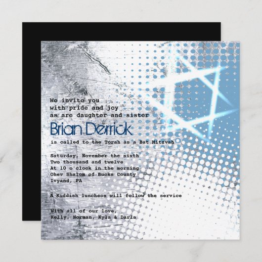 SILVER TEXTURE STAR Bar Bat Mitzvah Uitnodiging (Voorkant / Achterkant)