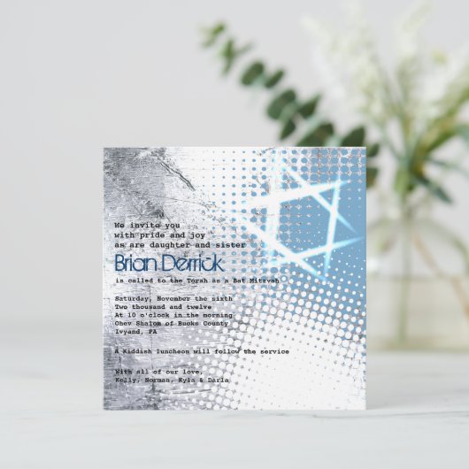 SILVER TEXTURE STAR Bar Bat Mitzvah Uitnodiging (Staand voorkant)