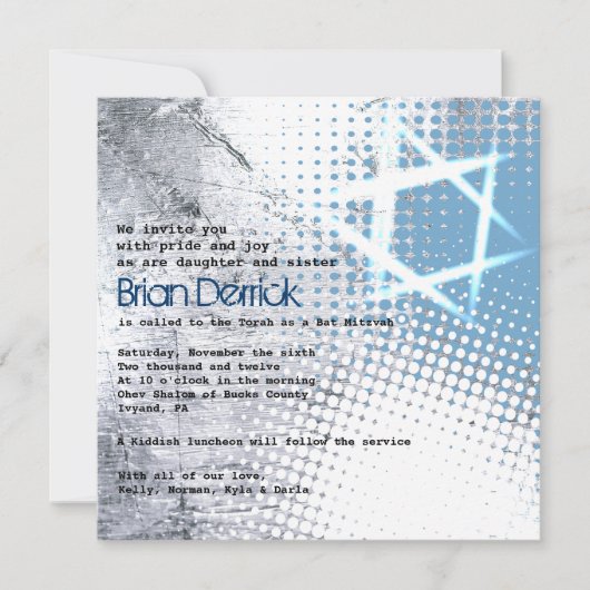 SILVER TEXTURE STAR Bar Bat Mitzvah Uitnodiging (Voorkant)