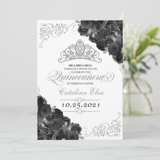 Silver Tiara Black Rozen Glitter Quinceañera Kaart (Staand voorkant)