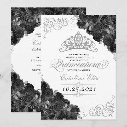 Silver Tiara Black Rozen Glitter Quinceañera Kaart (Voorkant / Achterkant)