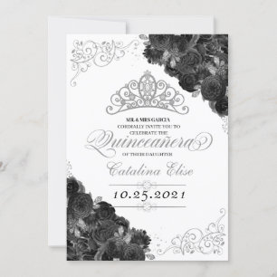 Silver Tiara Black Rozen Glitter Quinceañera Kaart