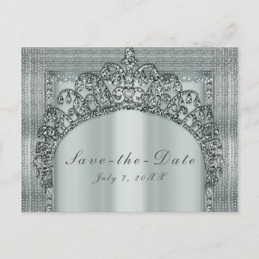 Silver Tiara Crown & Diamond Bling Save the Date Aankondigingskaart (Voorkant)