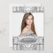 Silver Tiara & Floral Photo Quinceanera Invitation Kaart (Voorkant)