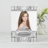 Silver Tiara & Floral Photo Quinceanera Invitation Kaart (Staand voorkant)