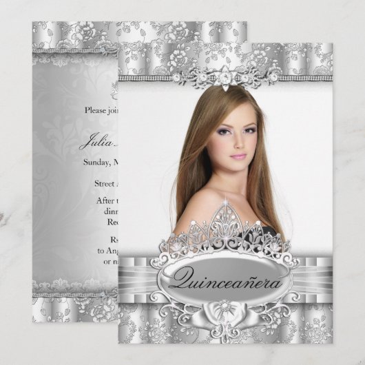 Silver Tiara & Floral Photo Quinceanera Invitation Kaart (Voorkant / Achterkant)