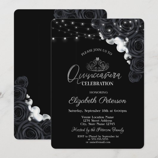 Silver Tiara, Lichtzwarte Rozen Quinceañera Kaart (Voorkant / Achterkant)