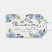 Silver Tiara Light Blue Floral Quinceanera Party Cadeaulabel (Voorkant (Horizontaal))