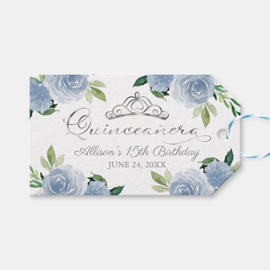 Silver Tiara Light Blue Floral Quinceanera Party Cadeaulabel (Voorkant (Horizontaal))