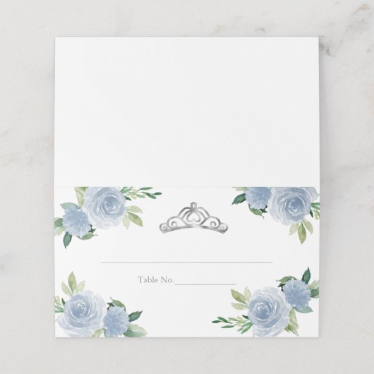 Silver Tiara Light Blue Floral Quinceanera Party Plaatskaartje (Buitenkant ongevouwen)