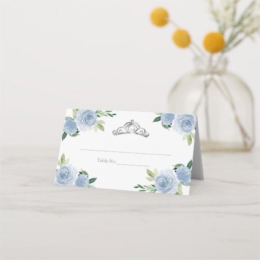 Silver Tiara Light Blue Floral Quinceanera Party Plaatskaartje (Voorkant)