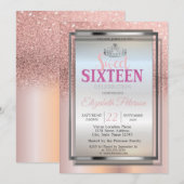 Silver Tiara, Roos Gold Glitter Sweet 16 Party Kaart (Voorkant / Achterkant)