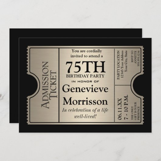 Silver Ticket Style 75th Birthday Party nodigt uit Kaart (Voorkant / Achterkant)