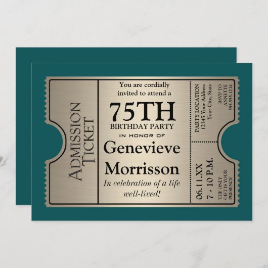 Silver Ticket Style 75th Birthday Party nodigt uit Kaart (Voorkant / Achterkant)