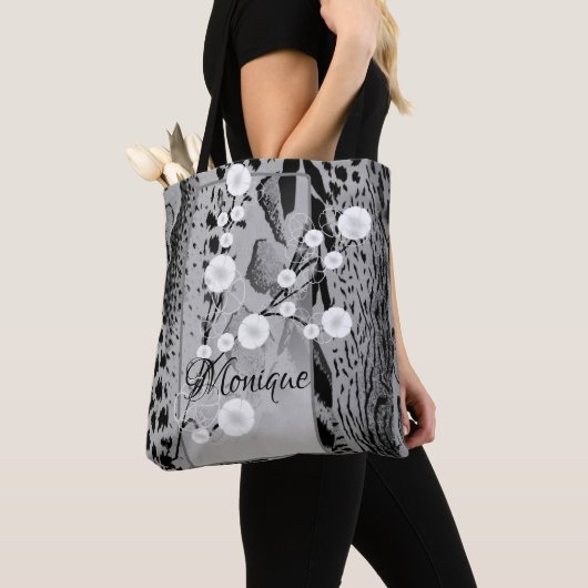 Silver Tiger Print Floral gepersonaliseerd Tote Bag (Dichtbij)