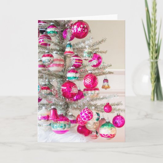 Silver Tinsel Tree met Vintage-kerstversiering Kaart (Voorkant)