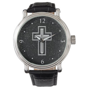 Silver Tone Christelijk Cross op Black Sparkle Horloge