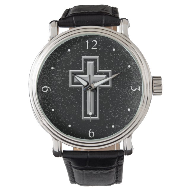 Silver Tone Christelijk Cross op Black Sparkle Horloge (Voorkant)
