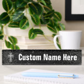 Silver Tone Christelijk Cross op Black Sparkle Naambordje