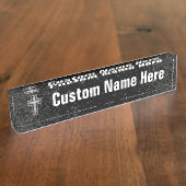 Silver Tone Christelijk Cross op Black Sparkle Naambordje (Zijkant)