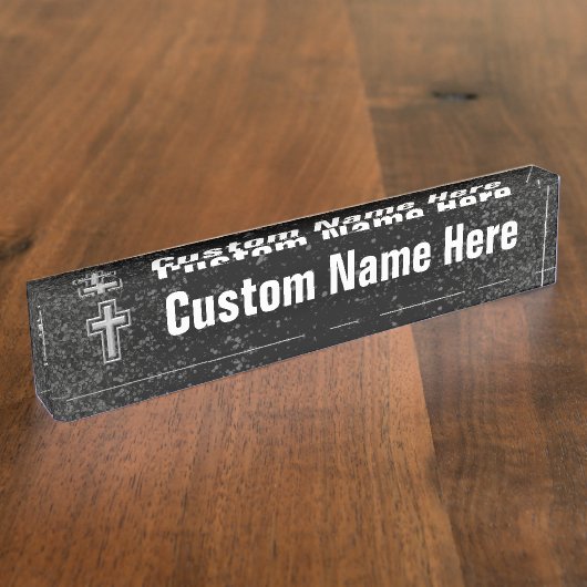 Silver Tone Christelijk Cross op Black Sparkle Naambordje (Zijkant)