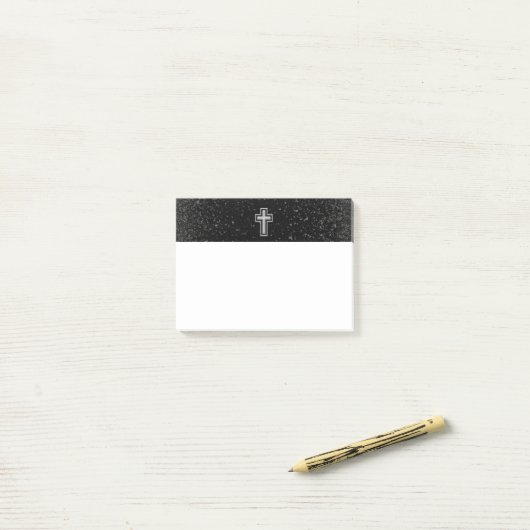 Silver Tone Christelijk Cross op Black Sparkle Post-it® Notes (Op bureau)
