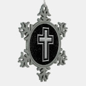 Silver Tone Christelijk Cross op Black Sparkle Tin Sneeuwvlok Ornament (Links)