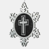 Silver Tone Christelijk Cross op Black Sparkle Tin Sneeuwvlok Ornament (Rechts)
