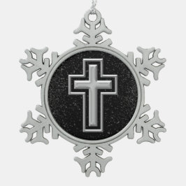 Silver Tone Christelijk Cross op Black Sparkle Tin Sneeuwvlok Ornament