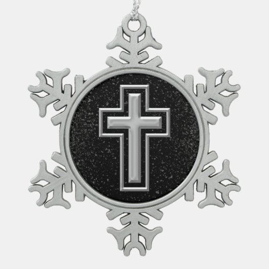 Silver Tone Christelijk Cross op Black Sparkle Tin Sneeuwvlok Ornament (Voorkant)