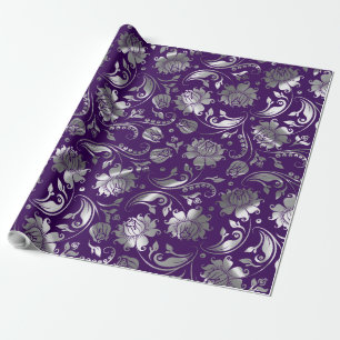 Silver Tones Floral Pattern Paarse Achtergrond Cadeaupapier
