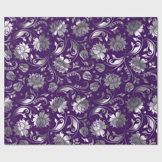 Silver Tones Floral Pattern Paarse Achtergrond Cadeaupapier (Vlak)