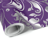 Silver Tones Floral Pattern Paarse Achtergrond Cadeaupapier (Rol Hoek)
