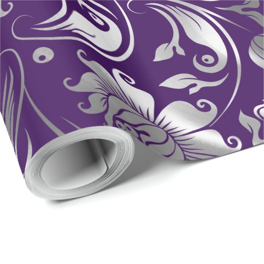 Silver Tones Floral Pattern Paarse Achtergrond Cadeaupapier (Rol Hoek)