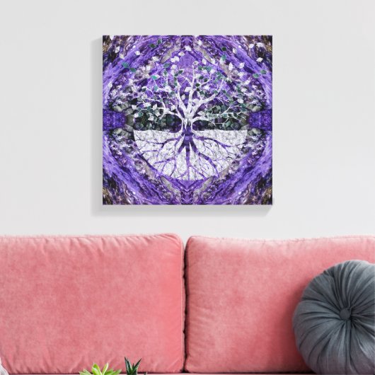 Silver Tree of Life Yggdrasil op Amethyst Geode Canvas Afdruk (Insitu (Woonkamer))
