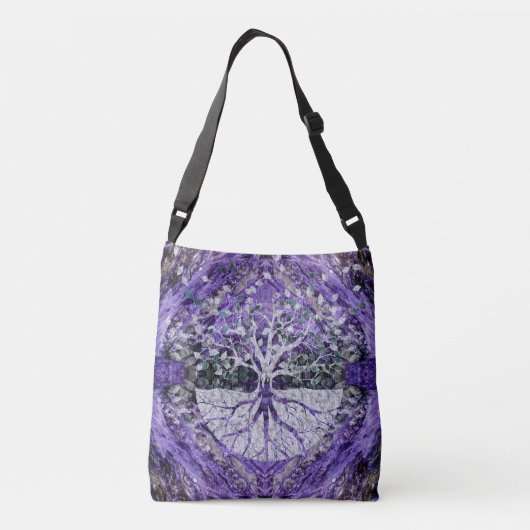 Silver Tree of Life Yggdrasil op Amethyst Geode Crossbody Tas (Achterkant)