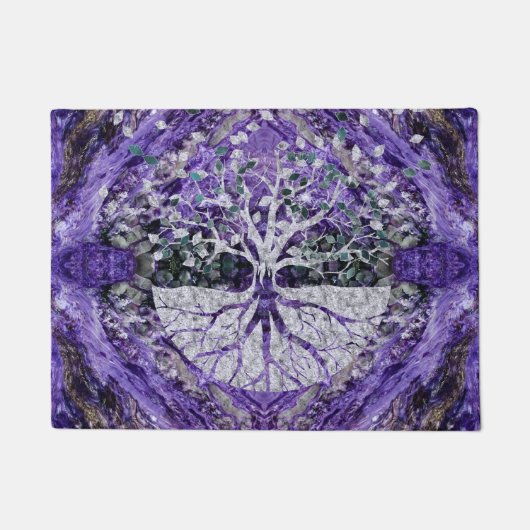 Silver Tree of Life Yggdrasil op Amethyst Geode Deurmat (Voorkant)